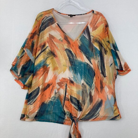 Cocomo size 3X Colorful V neck Tie Front Stretch Flutter Sleeve Mesh Lined Top - Picture 1 of 10